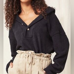 Free People Beach Bino Button Pullover Sweater Size Medium In Black Terry Cloth